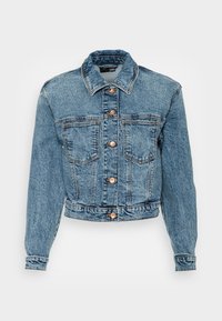Blue denim jacket with button closure, two chest pockets, long sleeves, and a classic collar, shown on a white background.