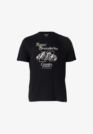 Czarny bawełniany t-shirt z krótkim rękawem z grafiką gór oraz napisem "Przekraczaj Granice" w beżowym kolorze. Wzór z okrągłym dekoltem.