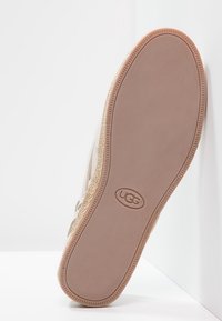 Suela de zapatilla UGG beige con fondo de goma texturizada y ribete tejido, posicionada de pie contra paredes blancas.