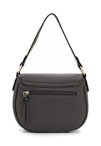 Graue Leder-Umhängetasche mit geschwungener Form, einem Reißverschluss oben, einer externen Reißverschlusstasche und einem verstellbaren Tragegurt.