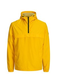 Jasně žlutá nepromokavá bunda, lehký materiál, kapuce se stahovací šňůrkou, přední poloviční zip, elastické manžety a klokaní kapsa.