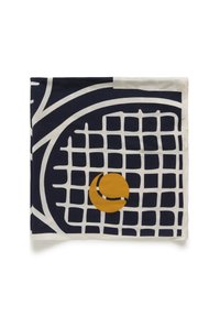 Navy and white patterned scarf featuring a grid design with a central yellow tennis ball graphic. Made from soft fabric with a smooth texture.