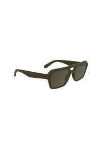 Sonnenbrille mit einem dunkelgrünen Kunststoffrahmen, eckiger Form und dunklen Gläsern. Verfügt über ein dezentes Markierungsdetail am Bügel.