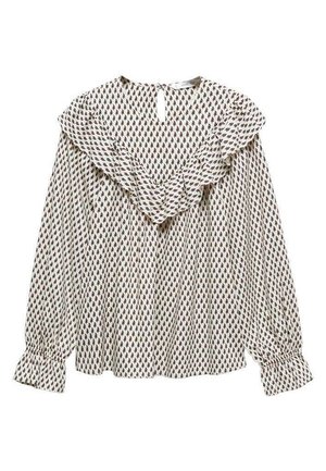 Kremowa bluzka z długim rękawem, ozdobiona małym czarnym wzorem w diamenty, z falbaniastym kołnierzem w kształcie litery V, rozcięciem z guzikiem z tyłu oraz marszczonymi mankietami.
