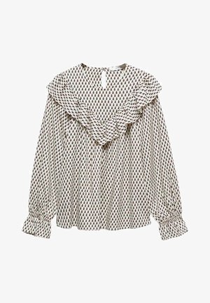 Kremowa bluzka z długim rękawem, ozdobiona małym czarnym wzorem w diamenty, z falbaniastym kołnierzem w kształcie litery V, rozcięciem z guzikiem z tyłu oraz marszczonymi mankietami.