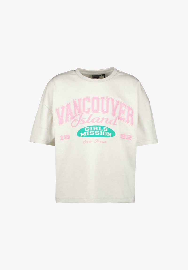 Witte katoenen t-shirt met korte mouwen met roze en turquoise bedrukt tekst: "Vancouver Island Girls Mission 1982." Casual fit.