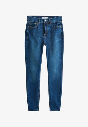 Mørkeblå skinny jeans med lommer foran og bagpå, knaplukning og falmede detaljer på benene.