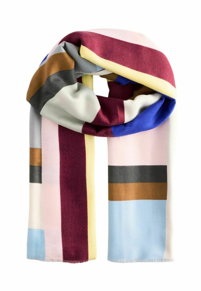 Écharpe multicolore avec des rayures géométriques dans des teintes de bordeaux, bleu, gris, jaune et couleurs pastel, faite d'un tissu doux, avec une texture lisse.