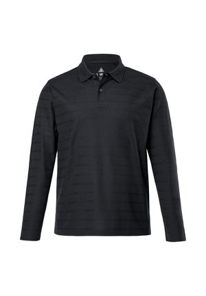 Polo negro de manga larga con un diseño de rayas horizontales texturizadas, un collar clásico y una tapeta de dos botones.