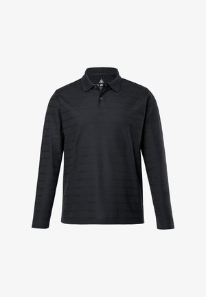 Black long-sleeve polo shirt featuring a textured horizontal striped design, a classic collar, and two-button placket.