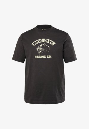 Czarny t-shirt z krótkim rękawem, wykonany z miękkiego materiału, z grafiką ryczącego pantery oraz napisem "MOTO DEVIL RACING CO." w kontrastującym odcieniu kremowym.