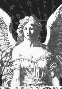 Obra de arte en blanco y negro de un ángel con alas detalladas, vestido con un vestido fluido y un cinturón. El fondo incluye formas y líneas abstractas.