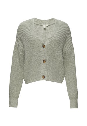 Lichtgroene, cropped cardigan met een v-hals, ribgebreide textuur en vier bruine knopen aan de voorkant. Lange, ontspannen mouwen.