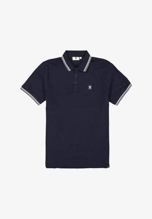 Polo shirt navy avec col et poignets rayés blancs, patte à deux boutons et un petit logo sur la poitrine. Fabriqué en tissu coton.