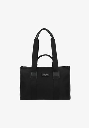 Borsa a tote nera in nylon con manici in duplice tessuto, forma rettangolare, chiusura con zip e dettagli in pelle. Presenta una patch con logo sul fronte.