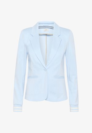 Hellblaues Blazer aus weichem Material mit einem Reverskragen, zwei Fronttaschen und gestreiften Manschetten sowie einem einzelnen Knopfverschluss.