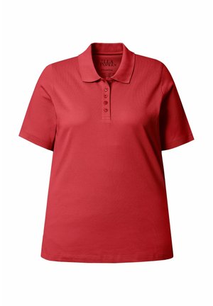 Červená polokošile s krátkými rukávy, pěti knoflíky a klasickým límečkem, zobrazena na bílém pozadí.