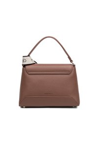 Borsa a mano marrone strutturata con forma rigida, manico superiore e una tracolla con logo. Presenta hardware sottile e un design minimalista.