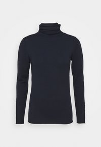 Marinefarbener Rollkragenpullover aus Strickstoff, mit langen Ärmeln und einem modischen Kragendesign. Glatte Textur mit taillierter Silhouette.