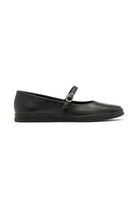 Zapatos planos de cuero negro con punta redonda, correa estilo Mary Jane y un acabado texturizado. Tacón bajo y detalles de costura en la suela.