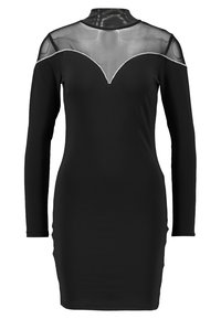 Czarna sukienka z długim rękawem z przezroczym wstawem z siateczki oraz rękawami, z dekoltem w kształcie litery V i subtelnym srebrnym wykończeniem na ramionach.