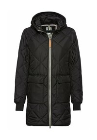 Schwarze gesteppten gepolsterte Jacke mit Kapuze, ausgestattet mit einem Frontreißverschluss, zwei aufgesetzten Taschen und gerippten Bündchen. Hergestellt aus recycelten Materialien.