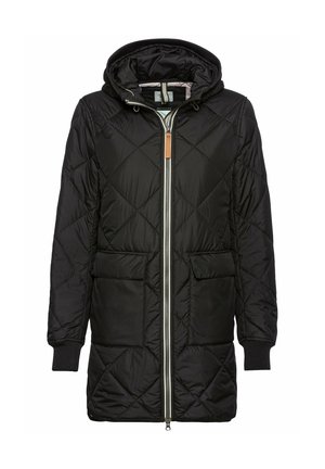 Black quilted padded jacket with a hood, featuring a front zipper, two patch pockets, and ribbed cuffs. Made from recycled materials.
