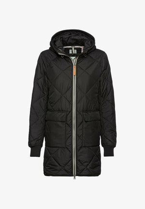 Schwarze gesteppten gepolsterte Jacke mit Kapuze, ausgestattet mit einem Frontreißverschluss, zwei aufgesetzten Taschen und gerippten Bündchen. Hergestellt aus recycelten Materialien.