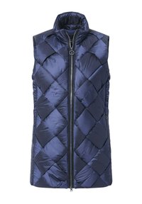 Navyblaues Pufferweste mit hohem Kragen, diamantgeplottetem Muster und Frontreißverschluss. Verfügt über Seitentaschen und ein leichtes Material.