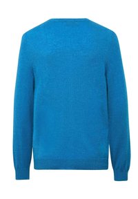 Blauer gestrickter Pullover mit langen Ärmeln, Rundhalsausschnitt und gerippten Bündchen sowie Saum. Der Stoff hat eine glatte Textur und eine einfarbige Ausführung.