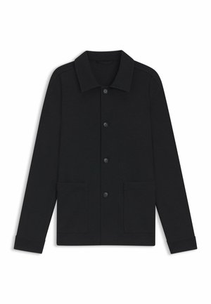 Schwarze Jacke mit umgeschlagenem Kragen, Frontknöpfen und zwei vorderen Taschen. Glatte Textur mit langen Ärmeln und bequemem Sitz.