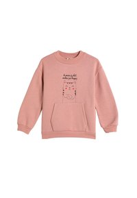 Sudadera rosa con cuello redondo, mangas largas y un bolsillo frontal. Presenta un diseño de gato impreso y texto encima. Material de algodón.