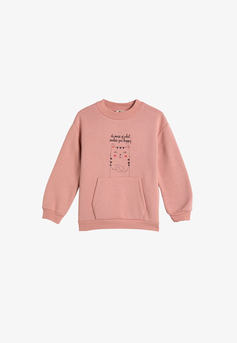 Rosa Sweatshirt mit rundem Halsausschnitt, langen Ärmeln und einer Fronttasche. Mit einem gedruckten Katzendesign und Text darüber. Aus Baumwollmaterial.