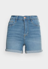 Jeansshorts med midja, ljusblå färg, uppvikta muddar och framfickor. Har en kopparknapp och gula sömnadsdetaljer.
