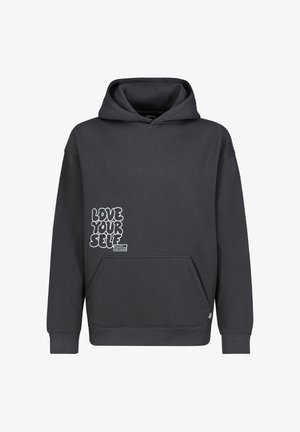 Schwarzer Baumwollhoodie mit einer Fronttasche, auf der linken Seite mit weißem grafikartigem Text "LOVE YOUR SELF" und gerippten Bündchen und Saum.