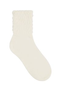 Cremfarbener Socke mit einem strukturierten, gestrickten Bündchen und einem glatten Körper. Das Design ist schlicht, ohne sichtbare Muster oder Akzente.