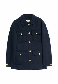 Navy Wollmischung Jacke mit klassischem Kragen, goldenen Knopfverschlüssen und vier Fronttaschen mit Klappen. Glatte Textur mit einer strukturierten Passform.