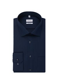 Camicia da uomo blu navy con colletto classico, chiusura anteriore con bottoni e polsini. Presenta un colletto interno con un motivo sottile e bottoni coordinati.