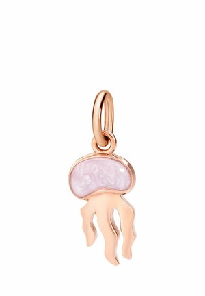 Rose gold jellyfish-shaped pendant with a pale pink enamel dome and wavy tentacles, attached to a circular bail.