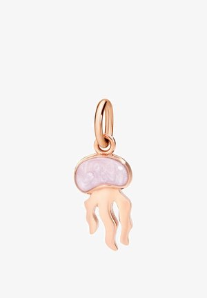 Anhänger in Quallenform aus Roségold mit einer hellrosa emaillierten Kuppel und wellenförmigen Tentakeln, befestigt an einer runden Öse.