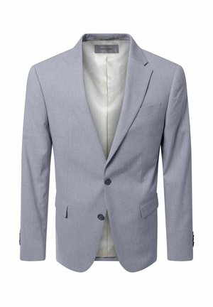 Hellgrauer Herrenblazer mit zwei Knöpfen, Kerbkragen, vorderen Klappentaschen und weißem Innenfutter.