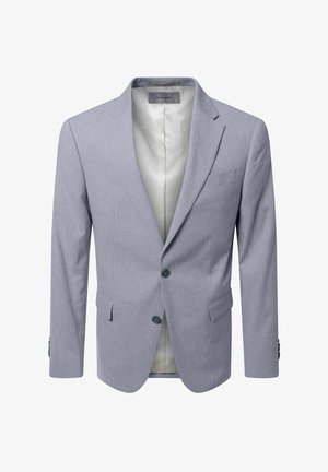Hellgrauer Herrenblazer mit zwei Knöpfen, Kerbkragen, vorderen Klappentaschen und weißem Innenfutter.
