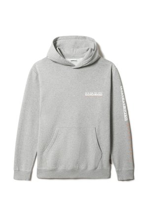 Szara bluza z kapturem z przednią kieszenią, małym białym i pomarańczowym logo na piersi oraz białym napisem z pomarańczowymi kropkami wzdłuż prawego rękawa.