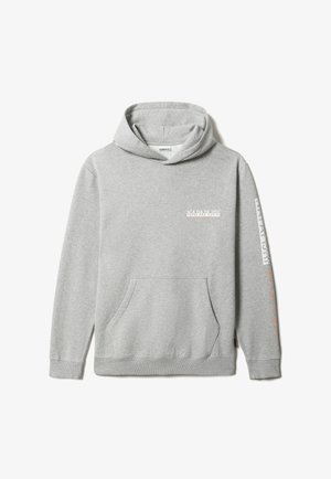 Sweat à capuche gris avec poche avant, petit logo blanc et orange sur la poitrine, et texte blanc avec points orange le long de la manche droite.