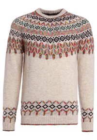 Trikoto v krémové barvě s kulatým výstřihem. Obsahuje vícebarevné geometrické vzory a žebrované manžety a lem. Texturovaná vlněná tkanina.
