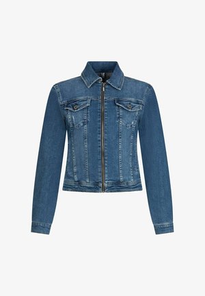 Kék farmer dzseki hosszú ujjal, elöl cipzárral, patentos mellzsebekkel és klasszikus gallérral.