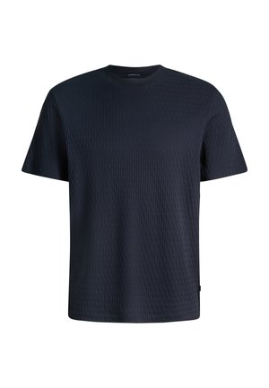 Donkerblauw T-shirt met korte mouwen en ronde hals, subtiele verticale ribbelstructuur, rechte zoom en een ontspannen pasvorm.