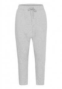 Lichtgrijze sweatpants met elastische tailleband en trekkoord, taps toelopende benen en zijnaaddetails.