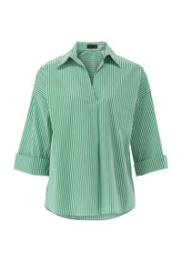 Green and white striped blouse with a collared neckline, three-quarter sleeves, and a loose fit. Features vertical stripes and a V-shaped opening.