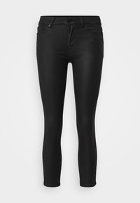 Zwarte skinny jeans van stretchstof, met een middelhoge taille, vijf zakken en een knoopsluiting aan de voorkant.